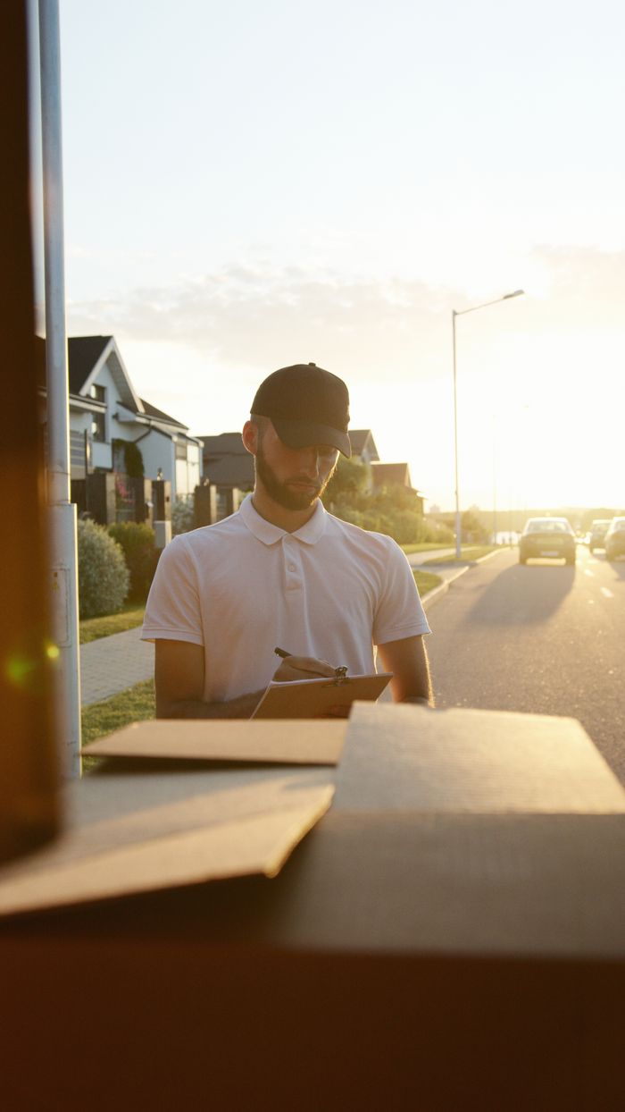 home-img A courier in a cap signing papers for a delivery in a suburban neighborhood during sunset.
